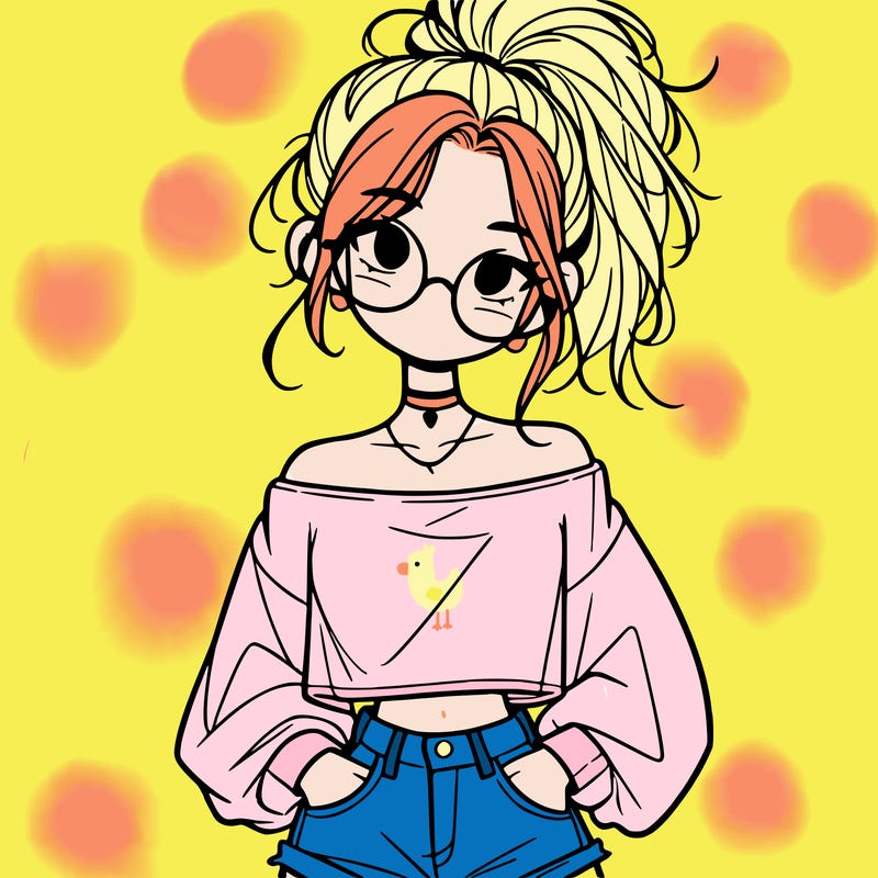 girl with a messy ponytail glasses a baggy crop top and jean shorts