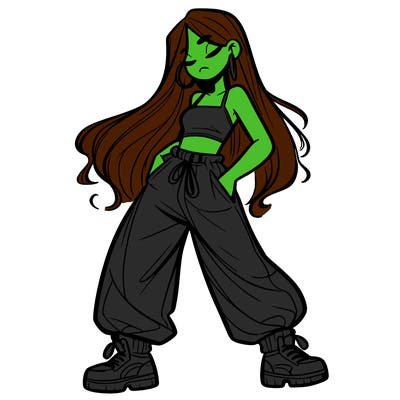 girl in baggy pants crop top and long hair