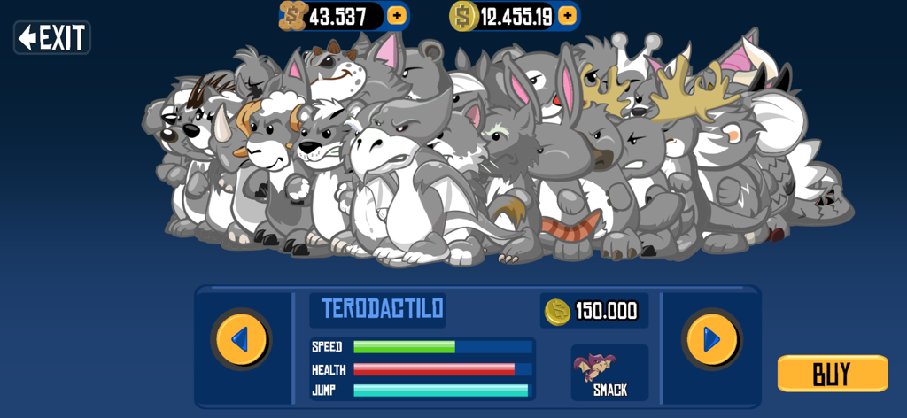 Wild Ones Battle Stadium - Menú de selección de personajes en Wild Ones Battle Stadium mostrando avatares de animales y estadísticas para Terodactilo