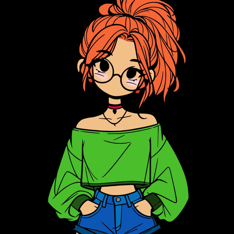 girl with a messy ponytail glasses a baggy crop top and jean shorts