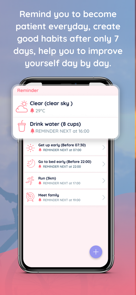 MeLove app interface showing daily habit tracking reminders and weather alerts