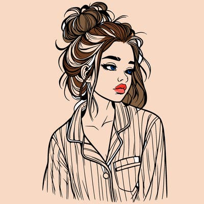 realistic woman with pajamas on and a messy bun