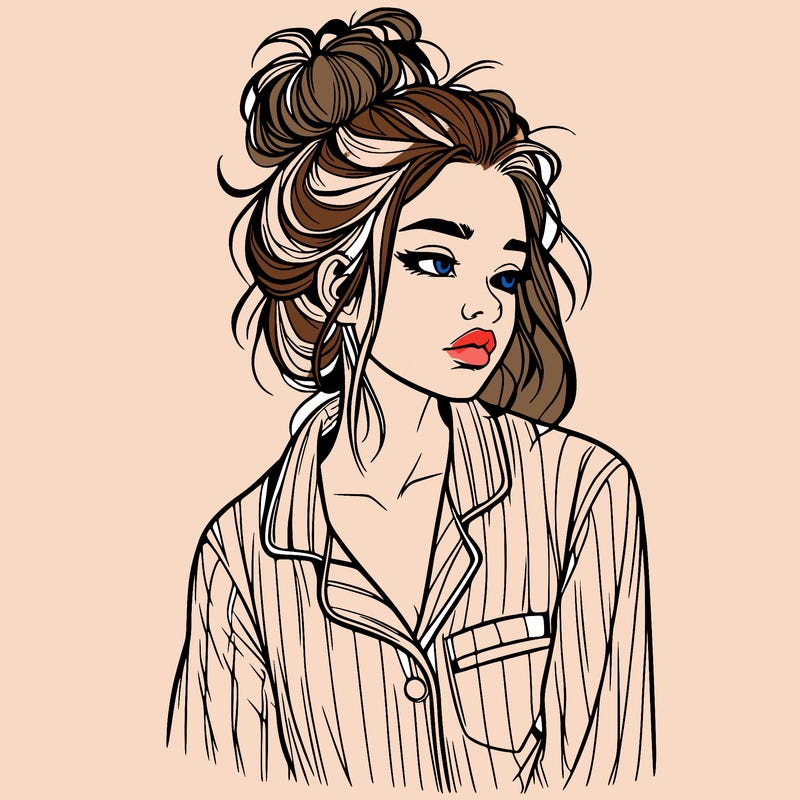 realistic woman with pajamas on and a messy bun
