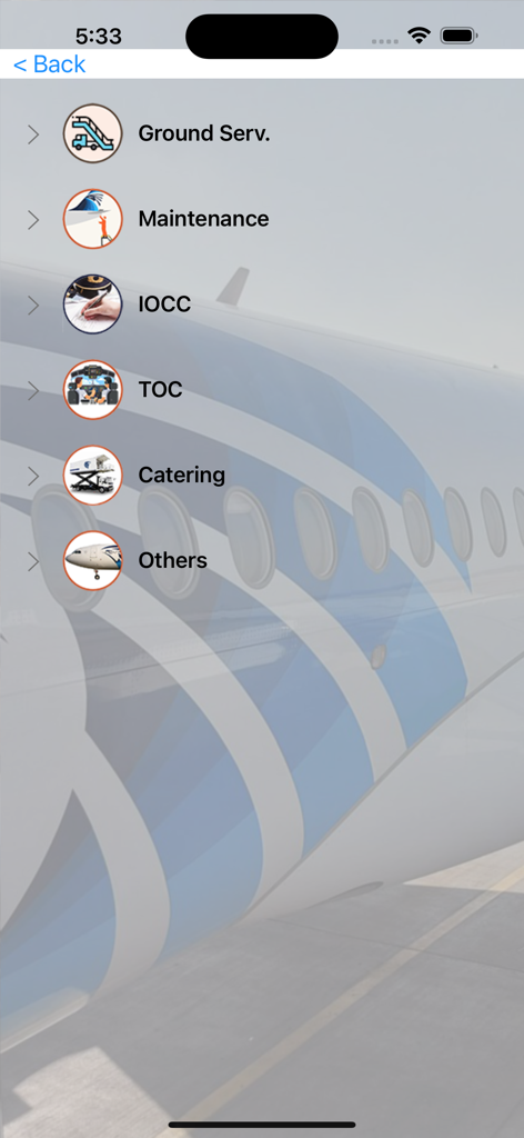 GOMS - GOMS app main menu showing categories for ground services maintenance catering and operations control