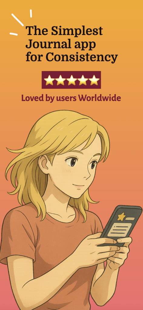 AI Journal & Diary - Reflect - Una ilustración de una mujer usando la aplicación AI Journal en su smartphone con una calificación de cinco estrellas y texto resaltando que es el diario más sencillo para la consistencia.