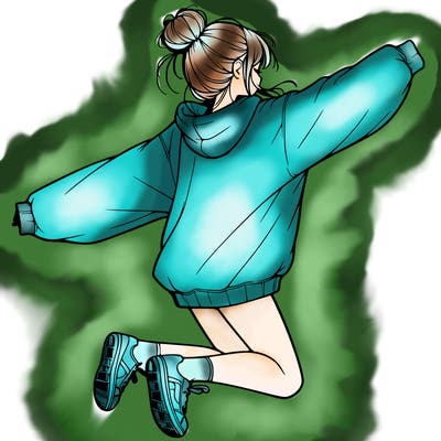 realistic girl jumping with a bun and oversized sweatshirt