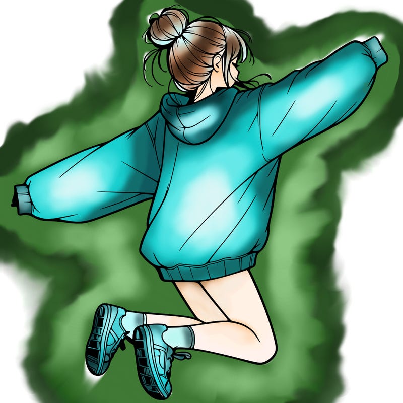 realistic girl jumping with a bun and oversized sweatshirt