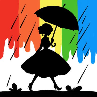 coloring pictures of elegant walking away on rain .with imbrella