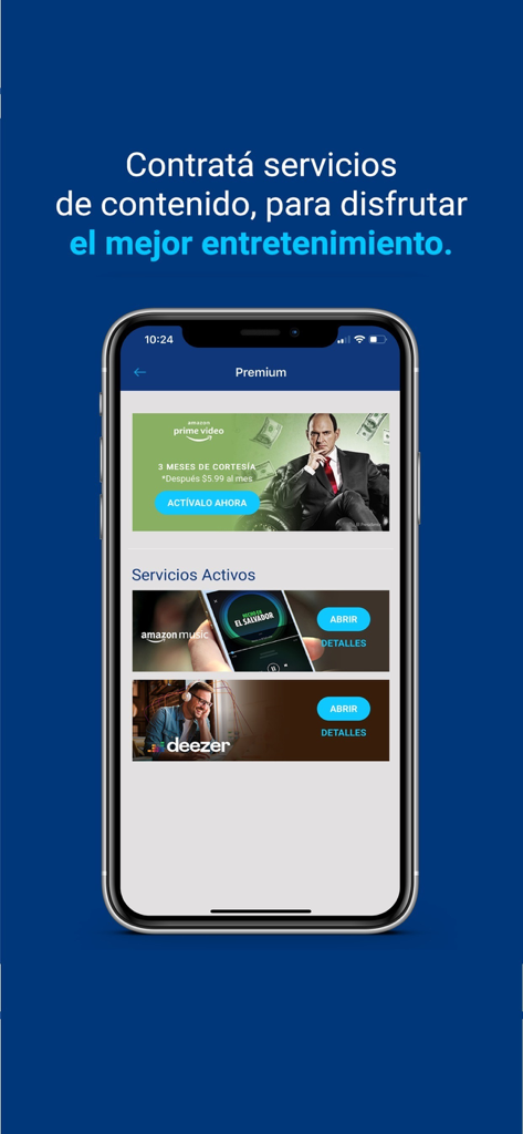 Mi Tigo El Salvador - Mi Tigo El Salvador App-Oberfläche, die Premium-Inhaltedienste wie Amazon Prime Video und Deezer anzeigt.