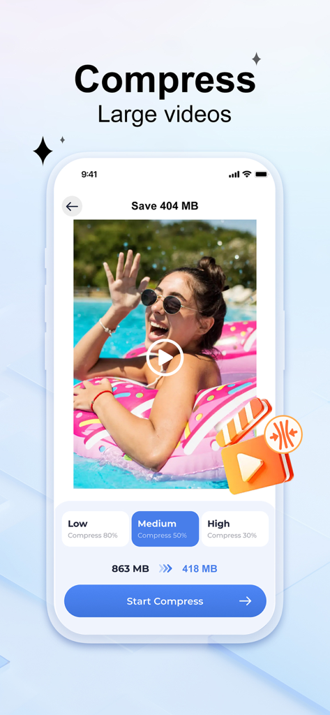 Spark Cleaner: Clean Storage - Interface of the Spark Cleaner app showing a video compression feature with options to reduce file size and save storage space