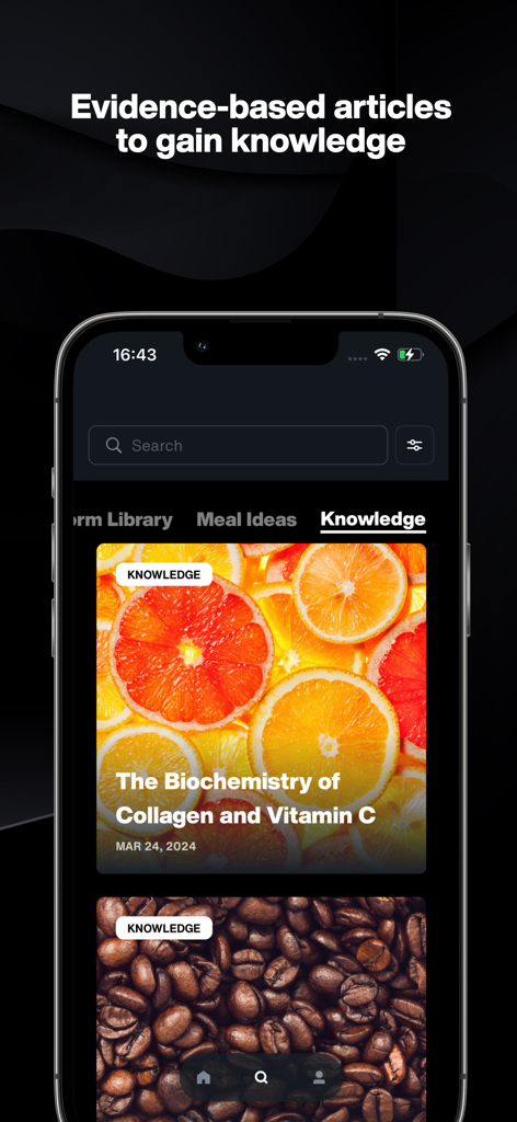 The knowledge section of the CGX app showing evidence-based fitness and nutrition articles
