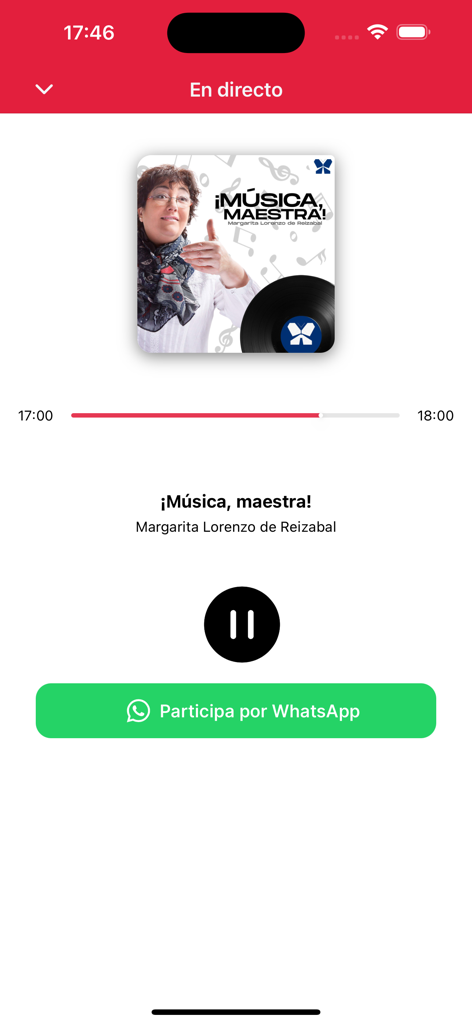 Reproductor de transmisión de radio en vivo en la aplicación Radio Popular de Bilbao que muestra el programa Música Maestra.