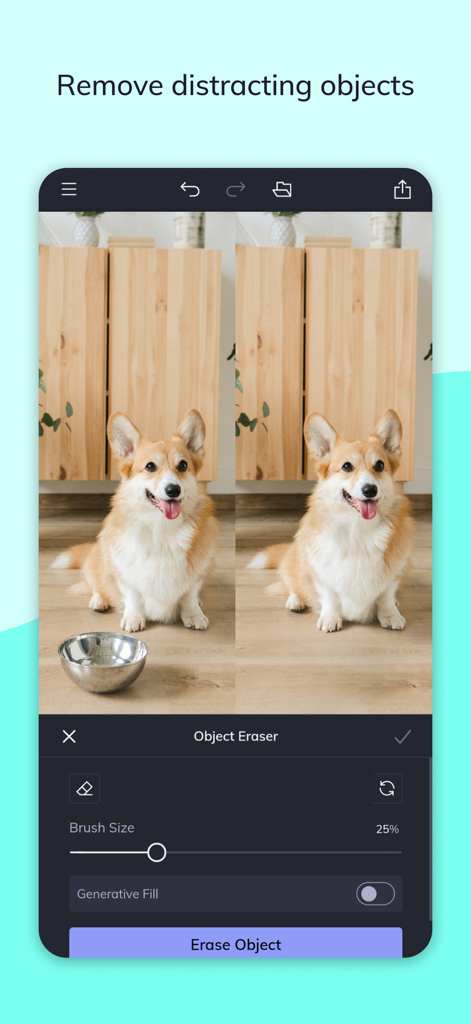 Comparación de antes y después de eliminar un cuenco de perro de una foto usando la herramienta Borrador de Objetos de BeFunky.