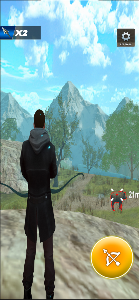 Deer Hunter Archery Master: 3D - Un cazador con un arco apuntando a un jabalí en un entorno montañoso 3D