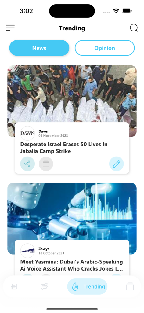 Interface of the News Hunt App showing a trending feed with international news articles and business insights.