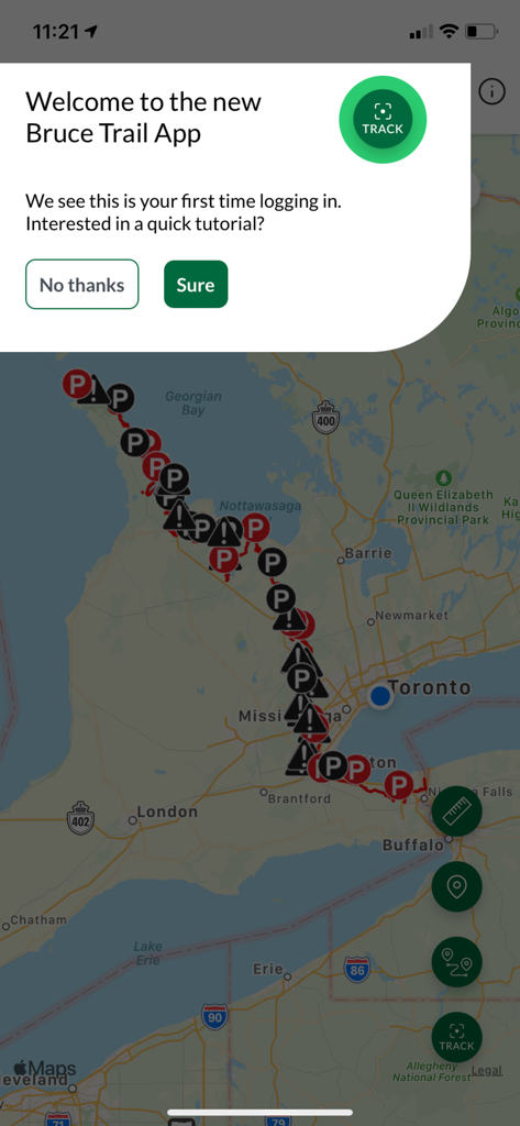 Bruce Trail App - La ventana emergente del tutorial de bienvenida que se muestra sobre una vista de mapa en la aplicación Bruce Trail.