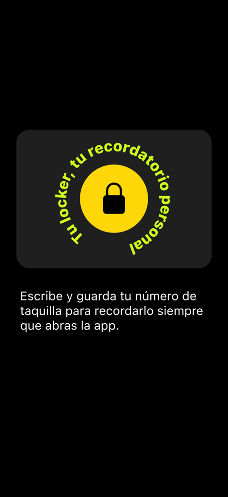 Vamos al Gym - Screenshot of the locker reminder feature in the Vamos al Gym app showing a lock icon and text to save a locker number.