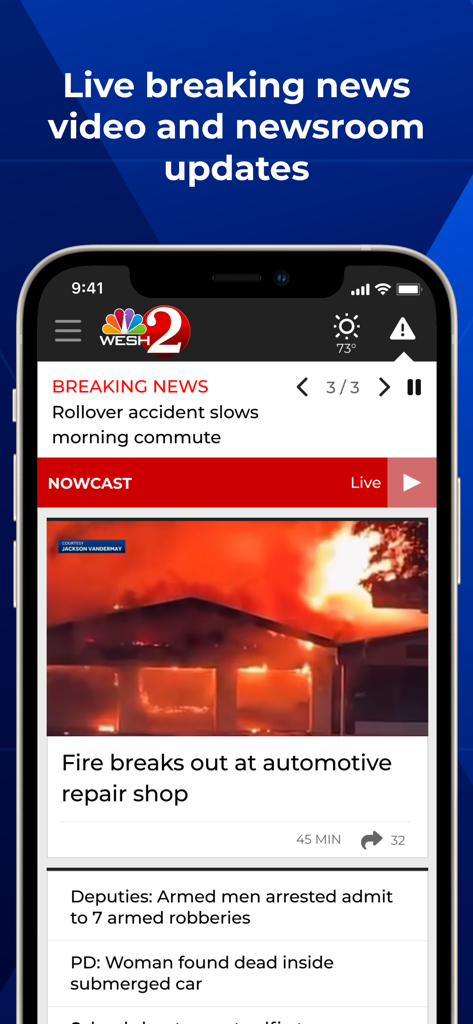 WESH 2 News Orlando app interface showing local breaking news and live video coverage on an iPhone