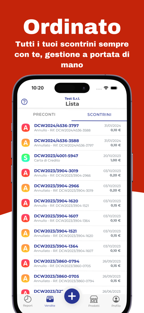 MyCassa Scontrino Elettronico - Pantalla de la aplicación MyCassa que muestra una lista de recibos electrónicos e historial de transacciones en un smartphone