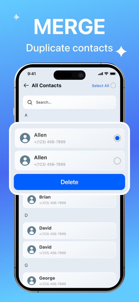 PhoneCleaner·AI ClearSpace - Interface for merging and deleting duplicate contacts in the PhoneCleaner AI ClearSpace app.