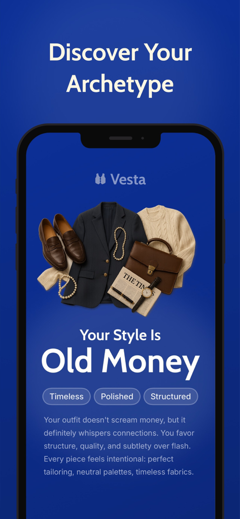 A mobile app screen for Vesta Wardrobe showing the Old Money style archetype with a curated outfit featuring a blazer, loafers, and pearls.