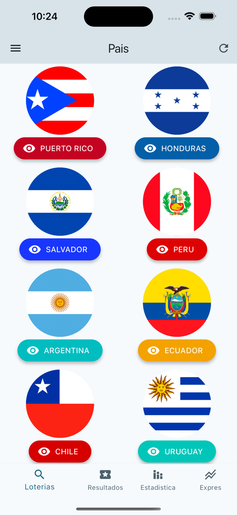 Loto Latina Resultados Loteria - Una pantalla mostrando una cuadrícula de banderas de países latinoamericanos como Puerto Rico y Honduras para seleccionar resultados de loterías.