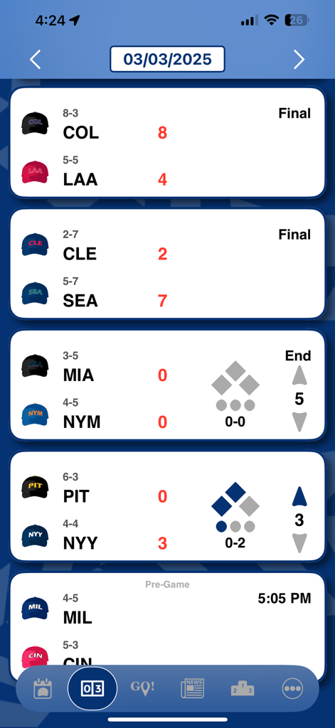Mobile app interface of Go Yard displaying live baseball scores and game schedules for various MLB teams with inning details and start times.