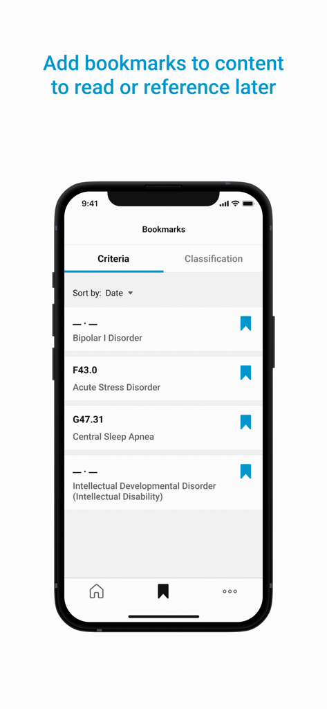 Una lista de criterios de diagnóstico y códigos ICD-10 marcados en la aplicación DSM-5-TR.