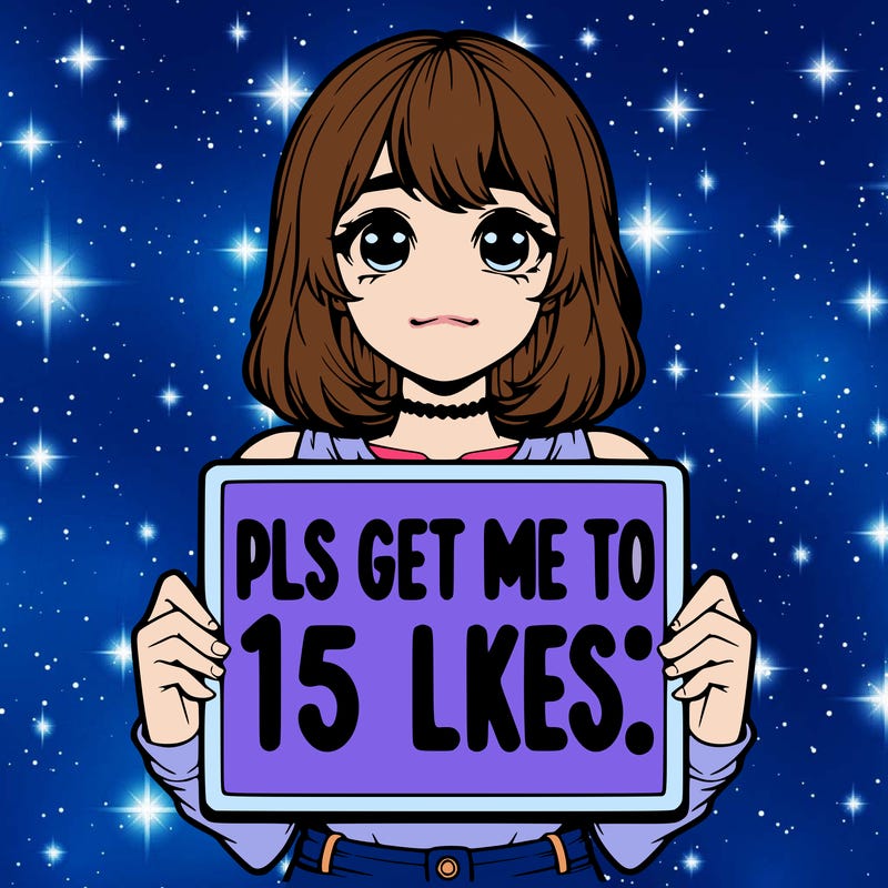 realistic girl holding up a sign that says “pls get me to 15 likes!”