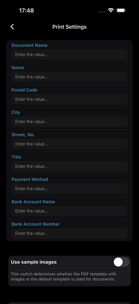 Print settings interface for configuring business details on electrical work orders and quotes.
