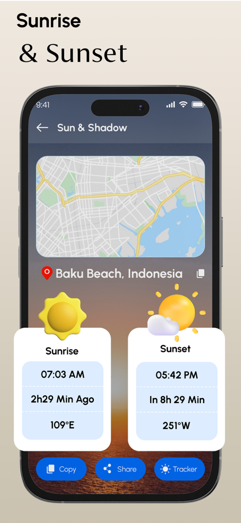 Compass & Location Tracker - Interface showing sunrise and sunset times with map location in the Compass and Location Tracker app