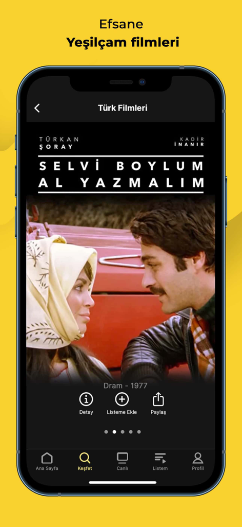 puhutv - Una captura de pantalla de la aplicación móvil puhutv que muestra una película clásica turca titulada Selvi Boylum Al Yazmalim de la era Yesilcam.