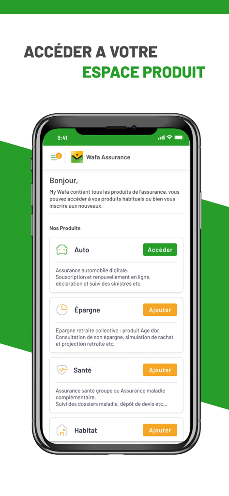 My Wafa Assur mobile app dashboard showing auto savings health and home insurance options