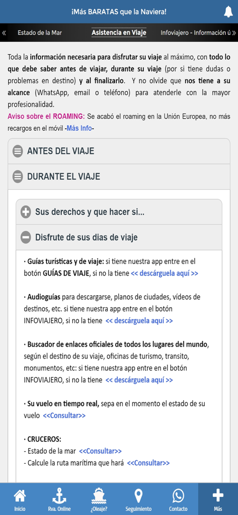 Mobile app interface showing cruise travel assistance and planning guides in Spanish