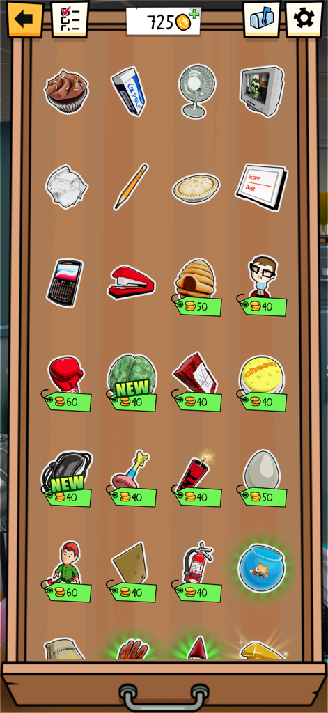 A menu in the Office Jerk game showing various unlockable items like a stapler, dynamite, and beehive with their coin prices.
