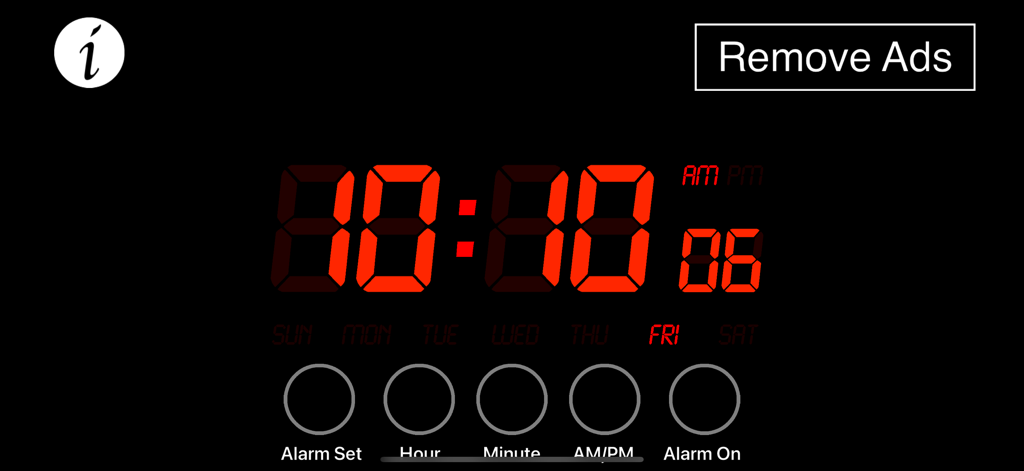 Alarm Clock - Wake Up Easily! - Aplicación de reloj despertador digital con pantalla LCD roja retro y botones de configuración grandes sobre un fondo negro