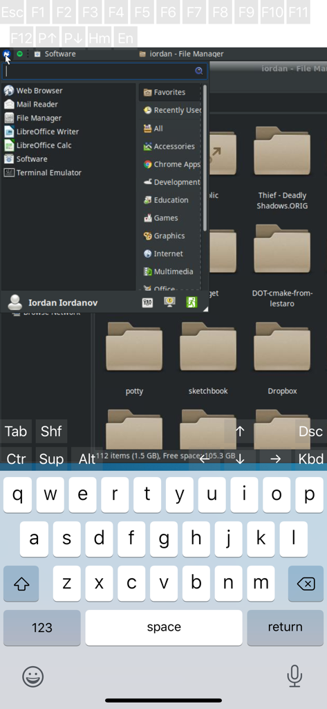 bVNC Pro - VNC Screen Sharing - Remote Linux desktop session on bVNC Pro showing file manager and virtual keyboard