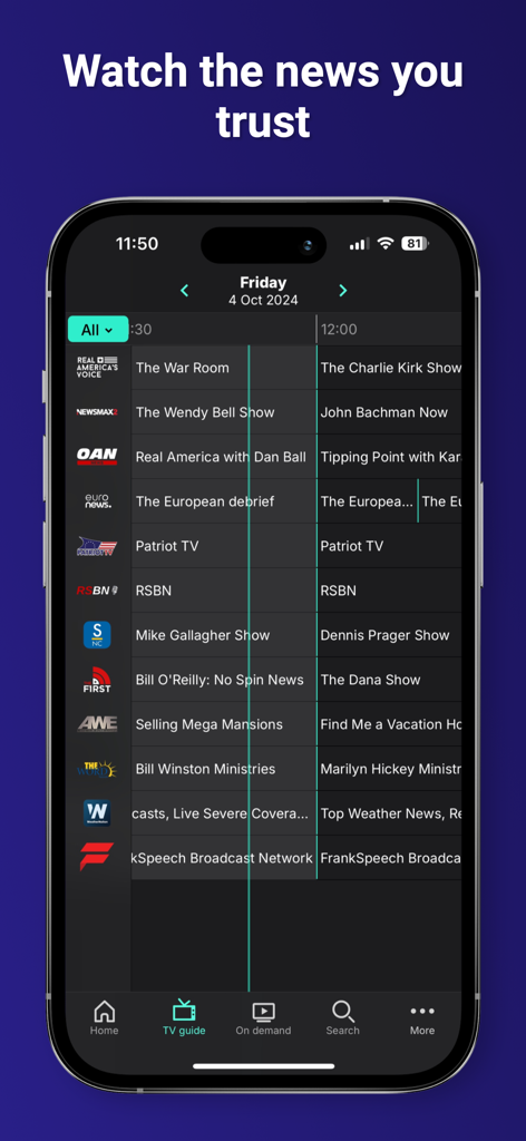 Truth+ - Truth plusモバイルアプリの画面に、保守系ニュースチャンネルのデジタルTVガイドが表示されています。