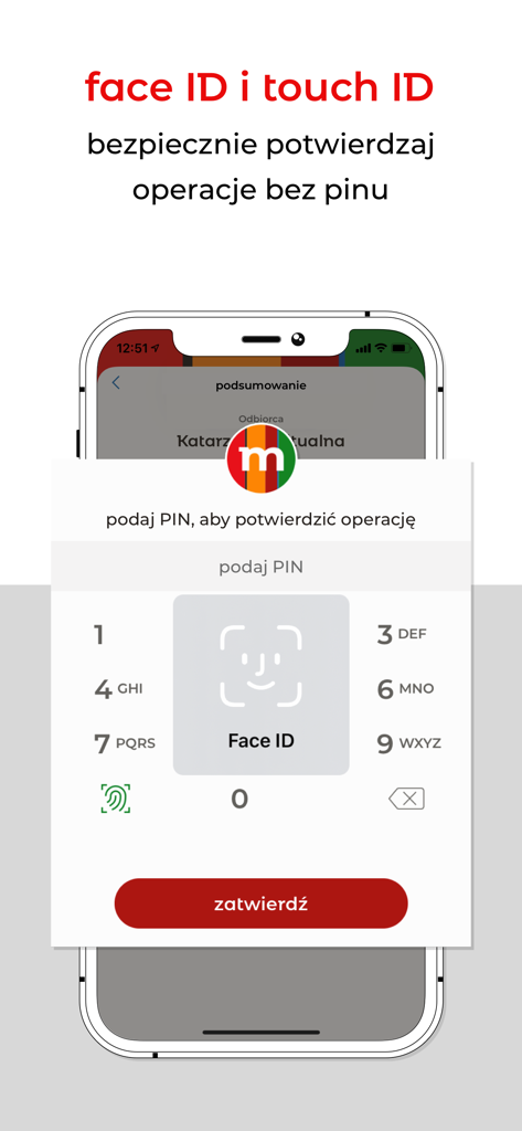 mBank PL - Twój bank i finanse - mBank PL mobile app interface showing Face ID and Touch ID biometric security features for transaction confirmation