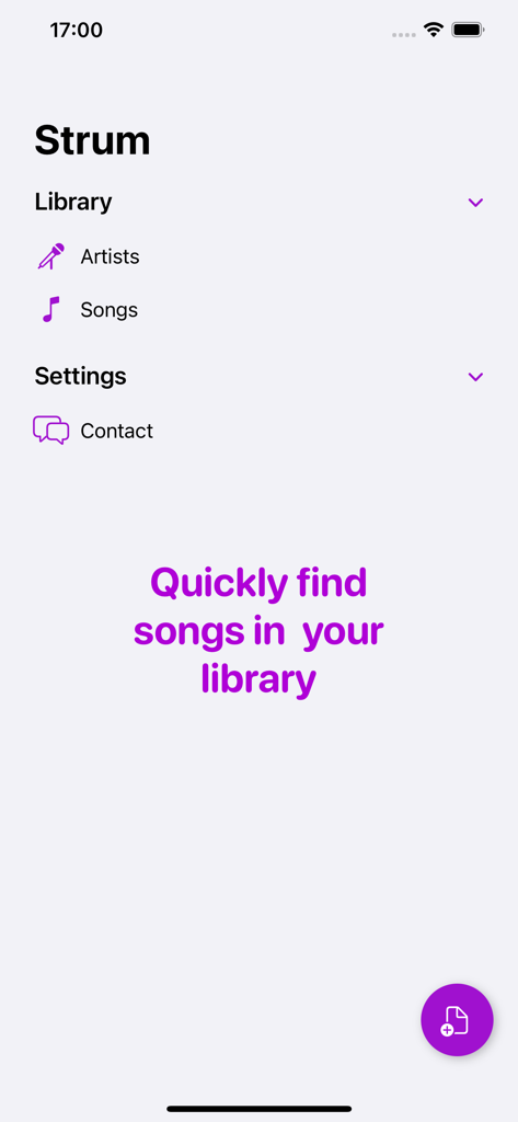 Interfaz de la aplicación Strum que muestra el menú de la biblioteca con opciones para navegar por artistas y canciones