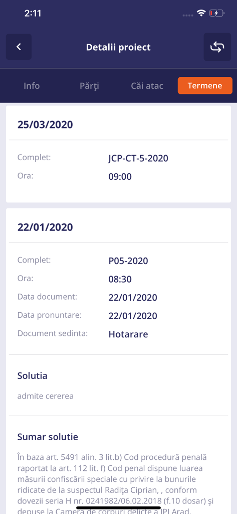 Screenshot of the Monitor Dosare app showing court case details and legal rulings