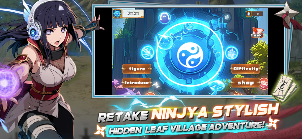 ULTIMATE NINJYA: Fire Storm - Personaje ninja de anime con un orbe brillante e interfaz de menú de juego para ULTIMATE NINJYA