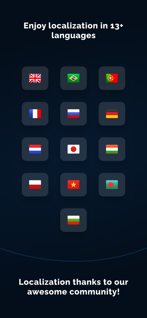 Une liste d'icônes de drapeaux nationaux représentant les treize langues disponibles dans l'application Liquipedia