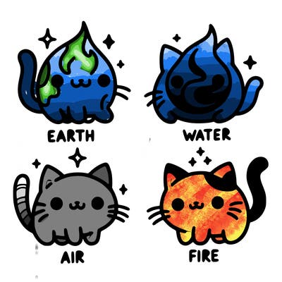 4 cats that represent the different elements, earth, water, air, and fire