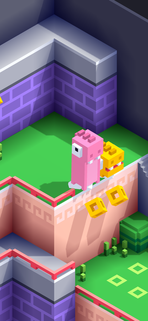 Dino Bros - Two colorful blocky dinosaurs stand together in an isometric puzzle level near floating golden coins.