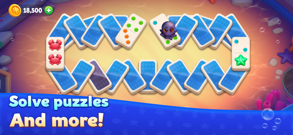 Domino Ocean : Solitaire Tiles - Fichas de dominó dispuestas en un patrón de puzzle sobre un fondo submarino con personajes marinos