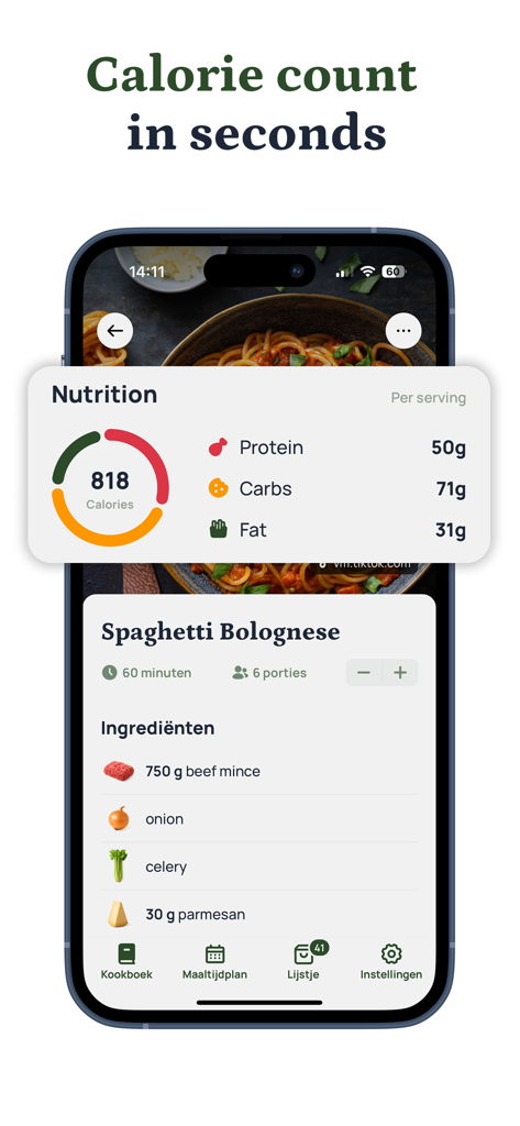 Avocadish: Recipes & Mealplan - Interface d'une application mobile montrant des informations nutritionnelles détaillées et le compte de calories pour une recette de Spaghetti Bolognaise.