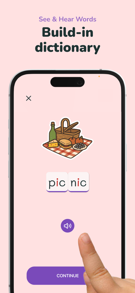 KOBI - Happy Reading - KOBI Lese-App integrierte Wörterbuch-Oberfläche zeigt eine Picknick-Illustration mit Phonik-Wortzerlegung und Audio-Unterstützung