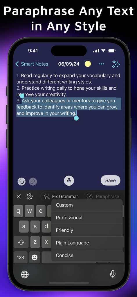 Auri AI Keyboard & Assistant - Auri AI Keyboard showing paraphrase options like professional and friendly for smart notes