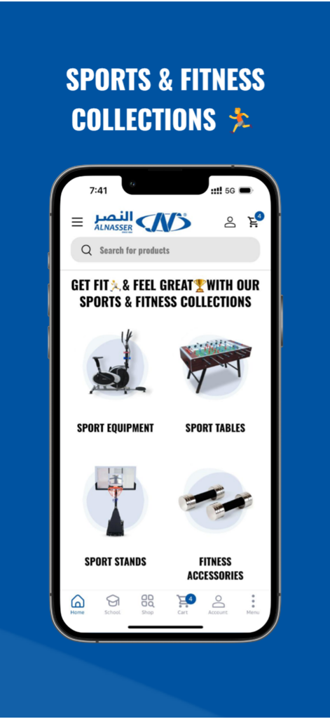 AlNasser ME - AlNasser ME mobile app screen displaying categories for sports equipment and fitness accessories